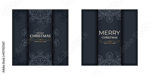 Holiday card Happy New Year in dark blue color with luxury blue pattern