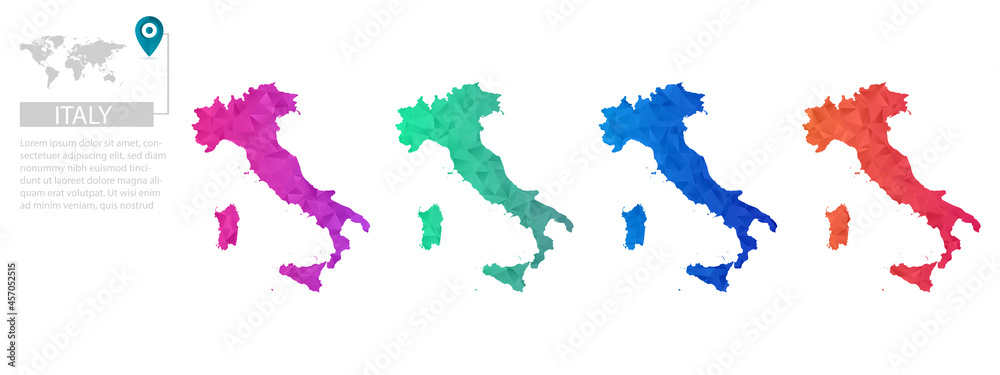 Fototapeta premium Set of vector polygonal Italy maps. Bright gradient map of country in low poly style. Multicolored country map in geometric style for your