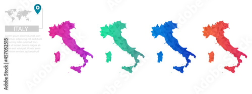 Set of vector polygonal Italy maps. Bright gradient map of country in low poly style. Multicolored country map in geometric style for your