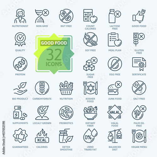 Thin Line Icon Set of Healthy Food, Halal, Kosher, Vegan food. Contains such Icons as Lactose, Gluten, Sugar, non GMO, Palm oil free and more. Outline icons collection. 