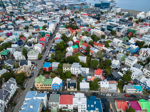 Beautiful aerial view of the City of Reykjavik, with its majestic church and colorful houses and streets in Iceland photo