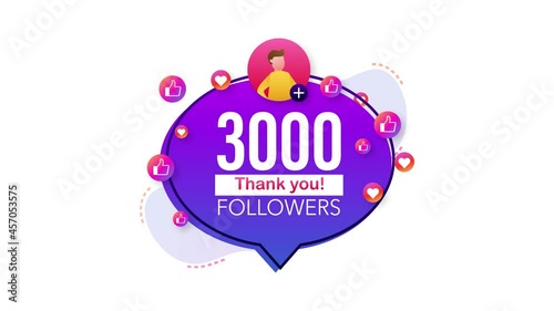 Thank you 3000 followers numbers. Flat style banner. Congratulating multicolored thanks image for net friends likes. Motion graphics photo