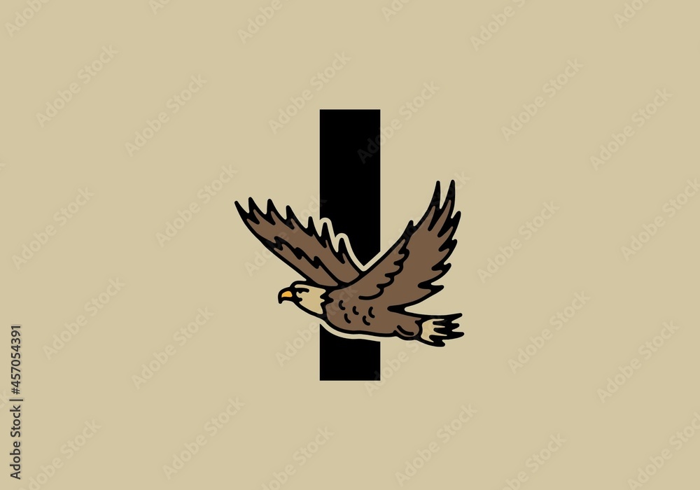 Fototapeta premium Line art illustration of flying eagle with I initial letter