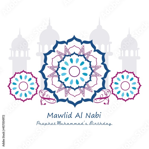 Prophet Muhammad's birthday greeting card with flower decoration and minaret silhouette element.