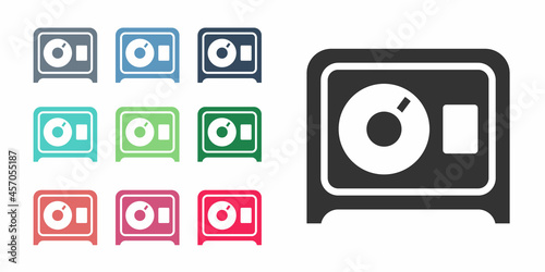 Black Safe icon isolated on white background. The door safe a bank vault with a combination lock. Reliable Data Protection. Set icons colorful. Vector