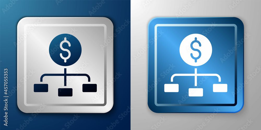 White Dollar on top of financial hierarchy icon isolated on blue and grey background. Silver and blue square button. Vector White Dollar on top of financial hierarchy icon isolated on blue and grey background. Silver and blue square button. Vector