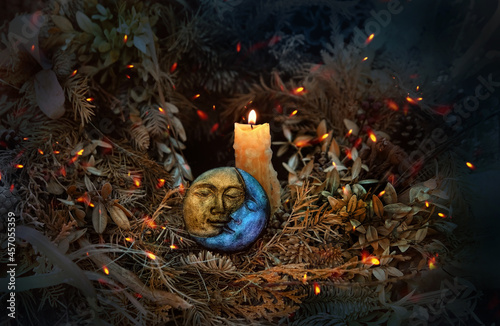 Εκτύπωση καμβά burning candle, symbol of moon, dry autumn leaves on dark natural background