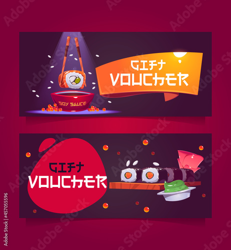Gift voucher template with sushi illustration. Vector coupon for japanese restaurant with cartoon traditional asian food, rice rolls with fish, soy sauce and ginger. Promotion flyers with present