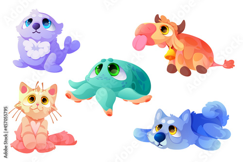 Plush toys, funny soft seal, cow, cat with octopus and dog. Cute animals, stuffed dolls for child playing, furry kitten or wolf, farm or sea creatures isolated objects Cartoon vector illustration, set