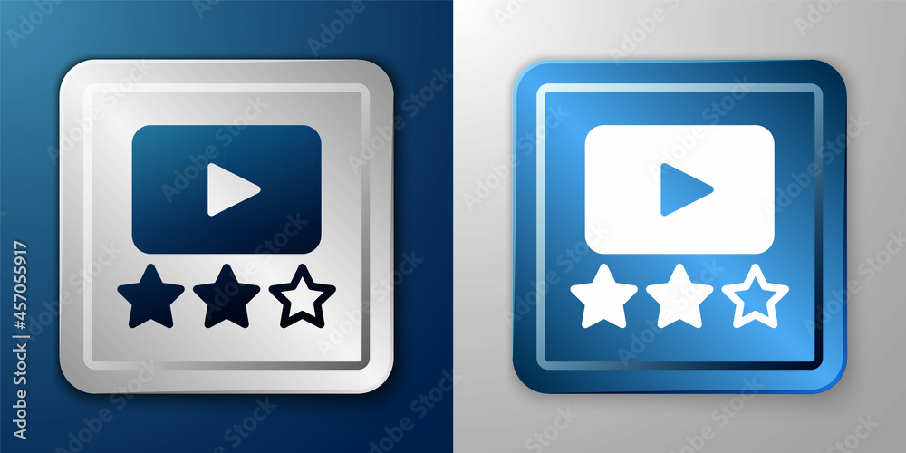 White Film or movie cinematography rating or review icon isolated on blue and grey background. Silver and blue square button. Vector