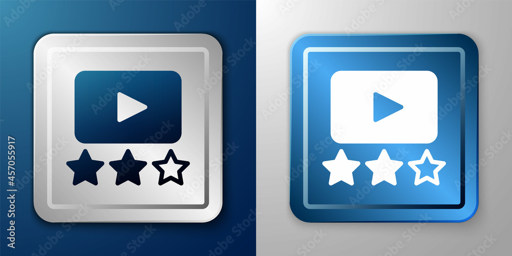 White Film or movie cinematography rating or review icon isolated on blue and grey background. Silver and blue square button. Vector White Film or movie cinematography rating or review icon isolated on blue and grey background. Silver and blue square button. Vector