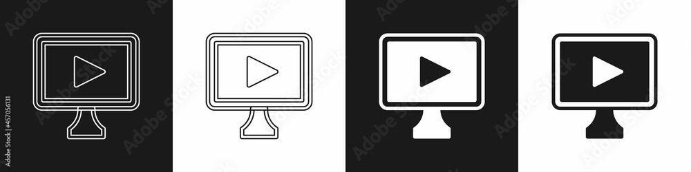 Set Online play video icon isolated on black and white background. Film strip with play sign. Vector Set Online play video icon isolated on black and white background. Film strip with play sign. Vector