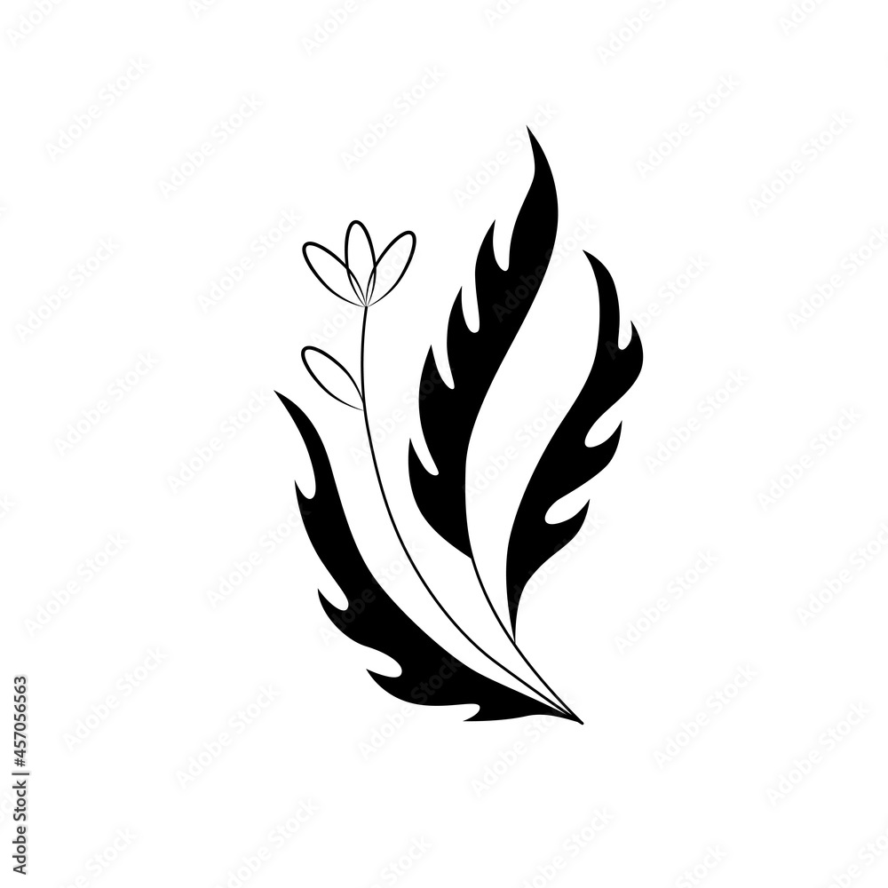 Vintage botanical element with curls and petals. Black line art of a flower. Isolated vector illustration. Wild field plant, herb. Template design for sticker, print, tattoo, card, icon, label.