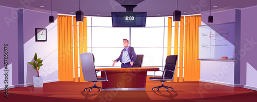 Businessman in conference room for meetings, presentation for team, discussion or training. Vector cartoon illustration of man in of boardroom in company office with table, chairs, screen and board