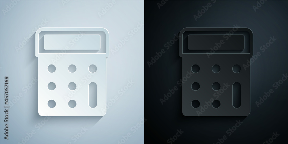 Paper cut Calculator icon isolated on grey and black background. Accounting symbol. Business calculations mathematics education and finance. Paper art style. Vector Paper cut Calculator icon isolated on grey and black background. Accounting symbol. Business calculations mathematics education and finance. Paper art style. Vector