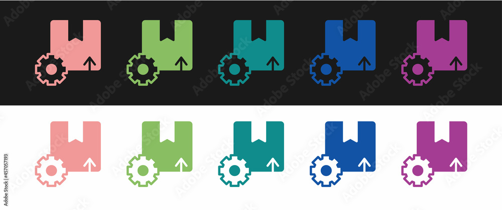 Set Gear wheel with package box icon isolated on black and white background. Box, package, parcel sign. Delivery and packaging. Vector Set Gear wheel with package box icon isolated on black and white background. Box, package, parcel sign. Delivery and packaging. Vector