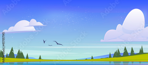 Summer nature landscape, scenery valley with lake, mountains, green field and conifers trees. Pond and spruces under blue sky with fluffy clouds and flying birds, cartoon parallax vector background