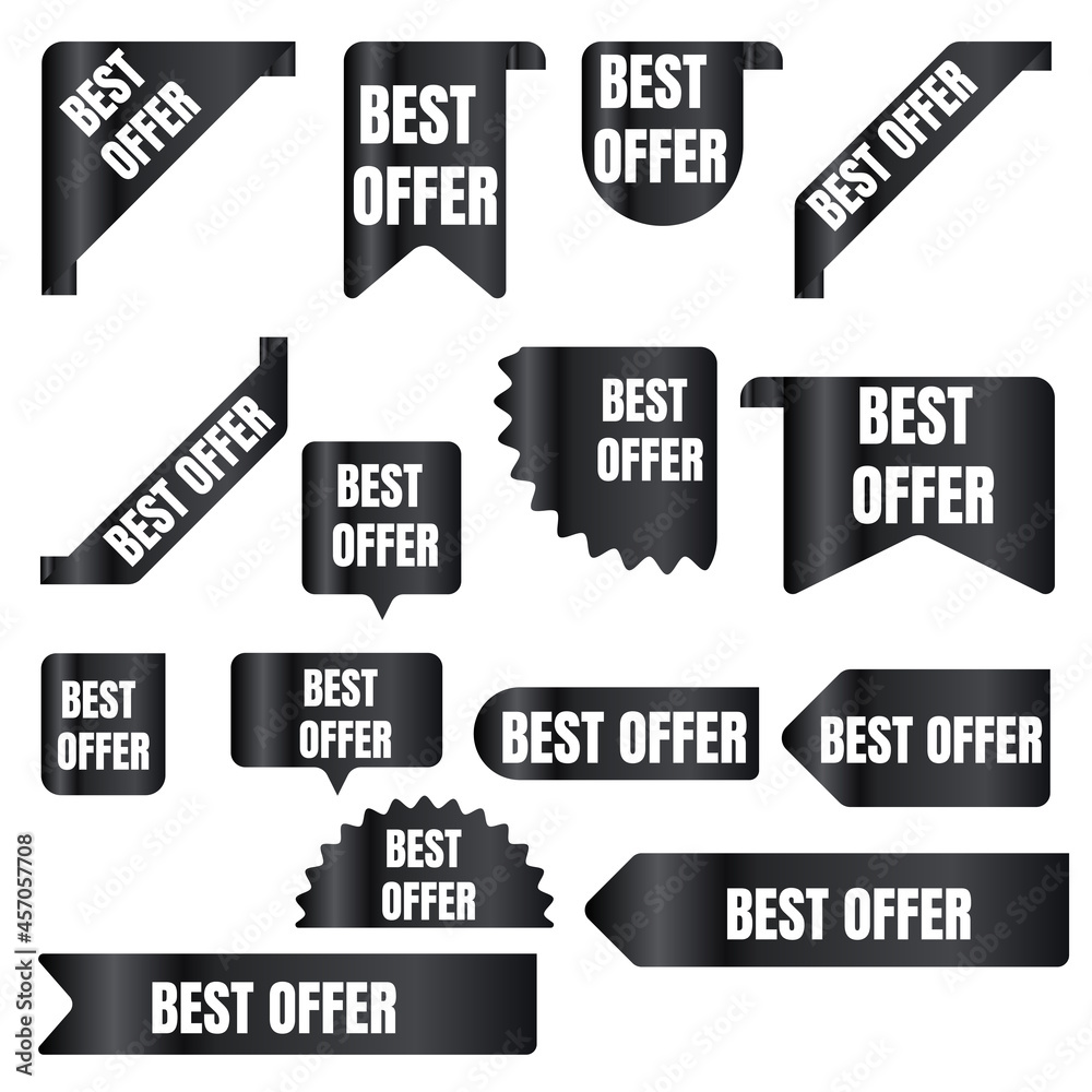 Obraz premium black sale ribbons flat icon set. price badges, special offer labels and discount stickers isolated vector illustration collection. promotion templates and design elements Vector