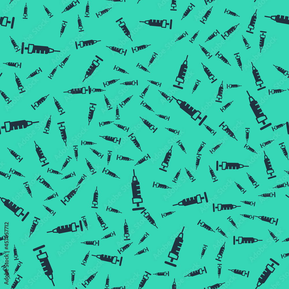 Black Syringe icon isolated seamless pattern on green background. Syringe for vaccine, vaccination, injection, flu shot. Medical equipment. Vector Black Syringe icon isolated seamless pattern on green background. Syringe for vaccine, vaccination, injection, flu shot. Medical equipment. Vector
