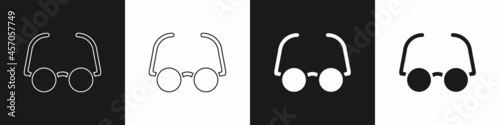 Set Glasses icon isolated on black and white background. Eyeglass frame symbol. Vector