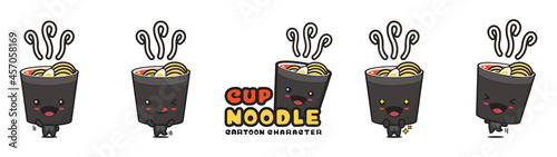 cute cup noodle mascot, food cartoon illustration, with different facial expressions and poses