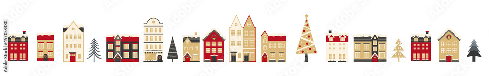 Fototapeta premium 住宅とクリスマスツリーの罫線のベクターイラスト(背景,X'mas)