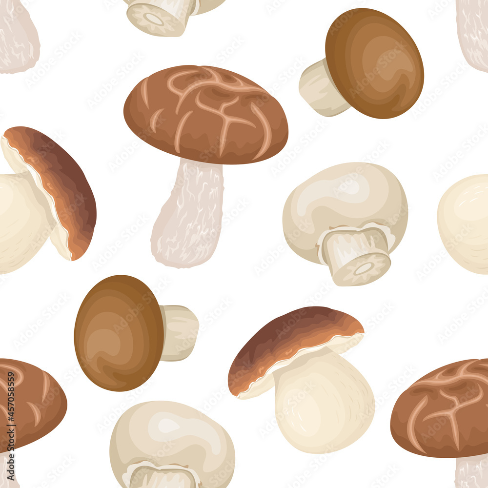 Edible mushrooms seamless pattern. Porcini, shiitake and champignons. Food background. Vector cartoon flat illustration. Edible mushrooms seamless pattern. Porcini, shiitake and champignons. Food background. Vector cartoon flat illustration.