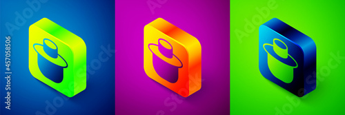 Isometric Beekeeper with protect hat icon isolated on blue, purple and green background. Special protective uniform. Square button. Vector