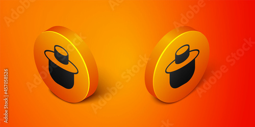 Isometric Beekeeper with protect hat icon isolated on orange background. Special protective uniform. Orange circle button. Vector