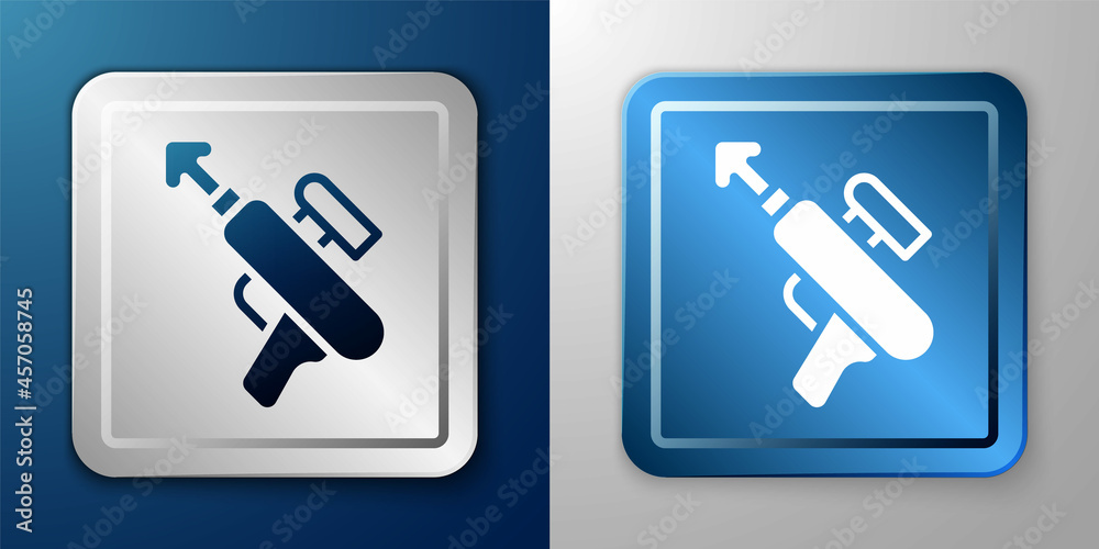 White Fishing harpoon icon isolated on blue and grey background. Fishery manufacturers for catching fish under water. Diving underwater equipment. Silver and blue square button. Vector White Fishing harpoon icon isolated on blue and grey background. Fishery manufacturers for catching fish under water. Diving underwater equipment. Silver and blue square button. Vector