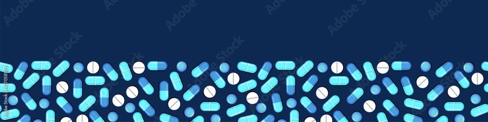 Medicines. Seamless illustration with pills and capsules. Medicinal drugs. Pharmaceuticals. Ambulance. Flat design. Dark background. Vector Medicines. Seamless illustration with pills and capsules. Medicinal drugs. Pharmaceuticals. Ambulance. Flat design. Dark background. Vector