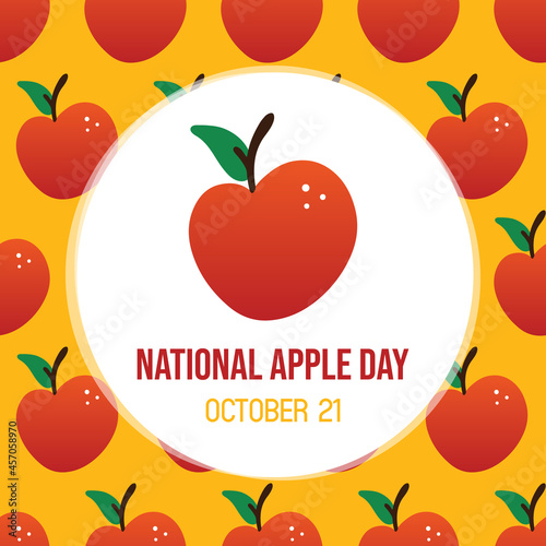National Apple Day greeting card, vector illustration with cartoon style red apple and seamless pattern background. October 21.
