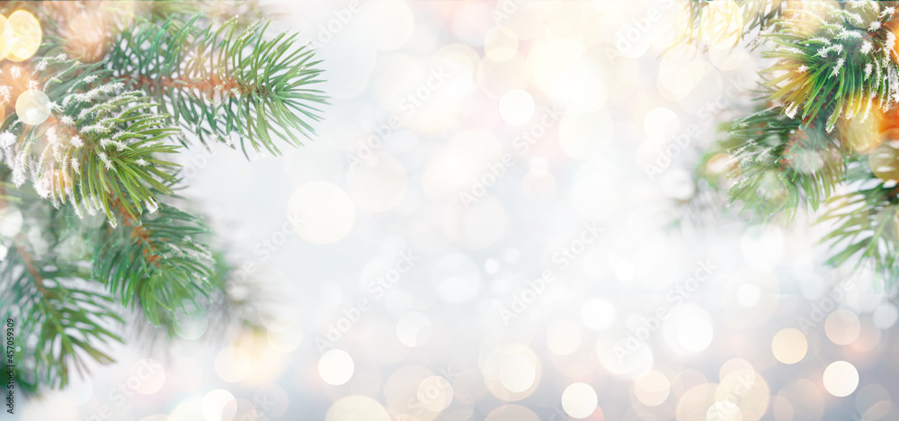 Christmas greeting card with fir tree branches covered by snow Christmas greeting card with fir tree branches covered by snow