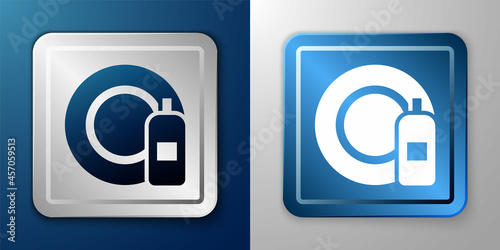 White Dishwashing liquid bottle and plate icon isolated on blue and grey background. Liquid detergent for washing dishes. Silver and blue square button. Vector