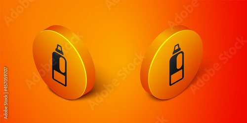 Isometric Plastic bottle for laundry detergent, bleach, dishwashing liquid or another cleaning agent icon isolated on orange background. Orange circle button. Vector