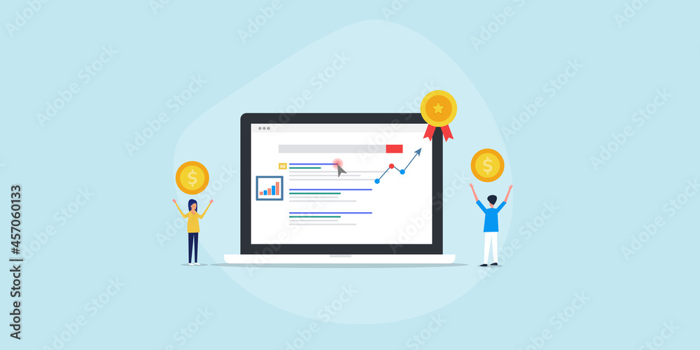 PPC success, company growth, increase sales concept. Business people celebrating pay per click marketing campaign success. Internet technology communication web banner template. PPC success, company growth, increase sales concept. Business people celebrating pay per click marketing campaign success. Internet technology communication web banner template.