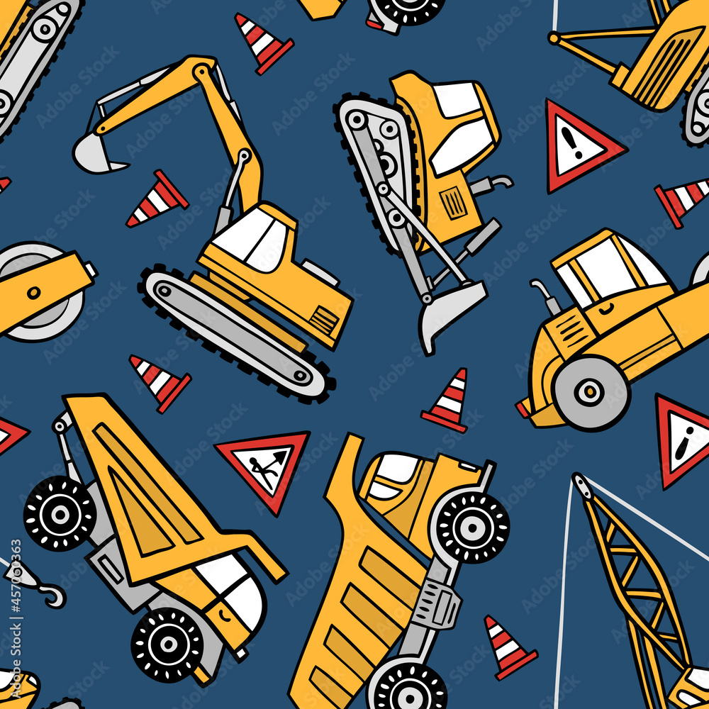 Hand drawn grips, trucks and bulldozers seamless vector pattern on dark blue background.