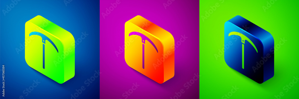 Isometric Pickaxe icon isolated on blue, purple and green background. Square button. Vector Isometric Pickaxe icon isolated on blue, purple and green background. Square button. Vector