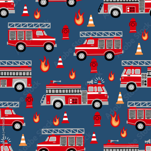 Fotografia Hand drawn fire trucks seamless vector pattern on dark blue background