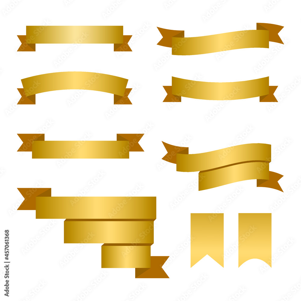 Gold ribbon banners and flags. Vector set.