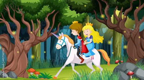 Fantasy forest scene with prince and princess