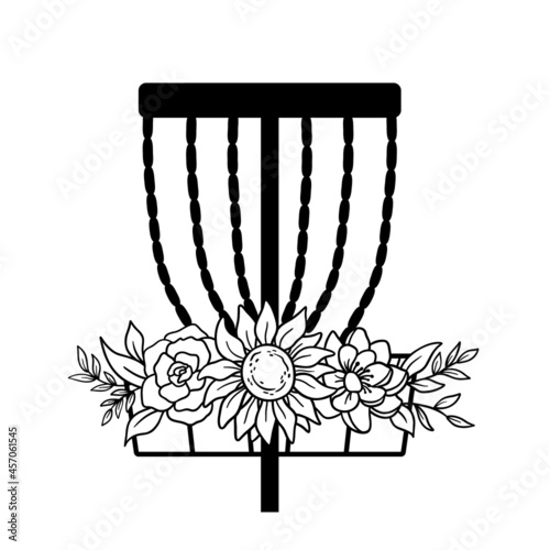 Disc golf basket icon with flowers. Vector outline illustration isolated on white