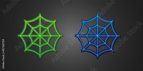Green and blue Spider web icon isolated on black background. Cobweb sign. Happy Halloween party. Vector