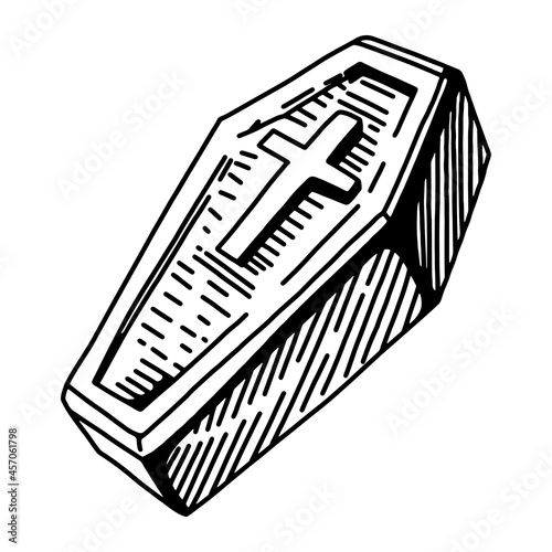 Coffin with cross isolated on white. Hand drawing sketch vector illustration