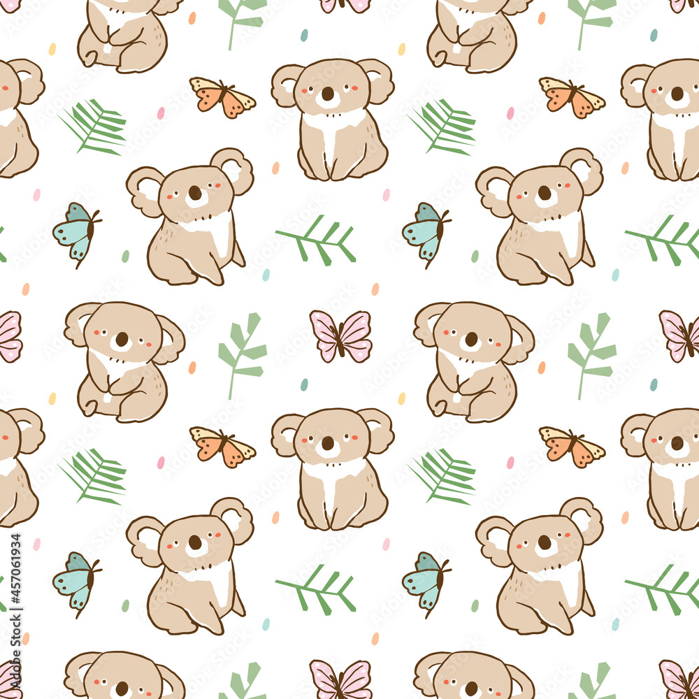 Seamless Pattern with Cute Koala, Butterfly and Leaf Illustration Design on White Background