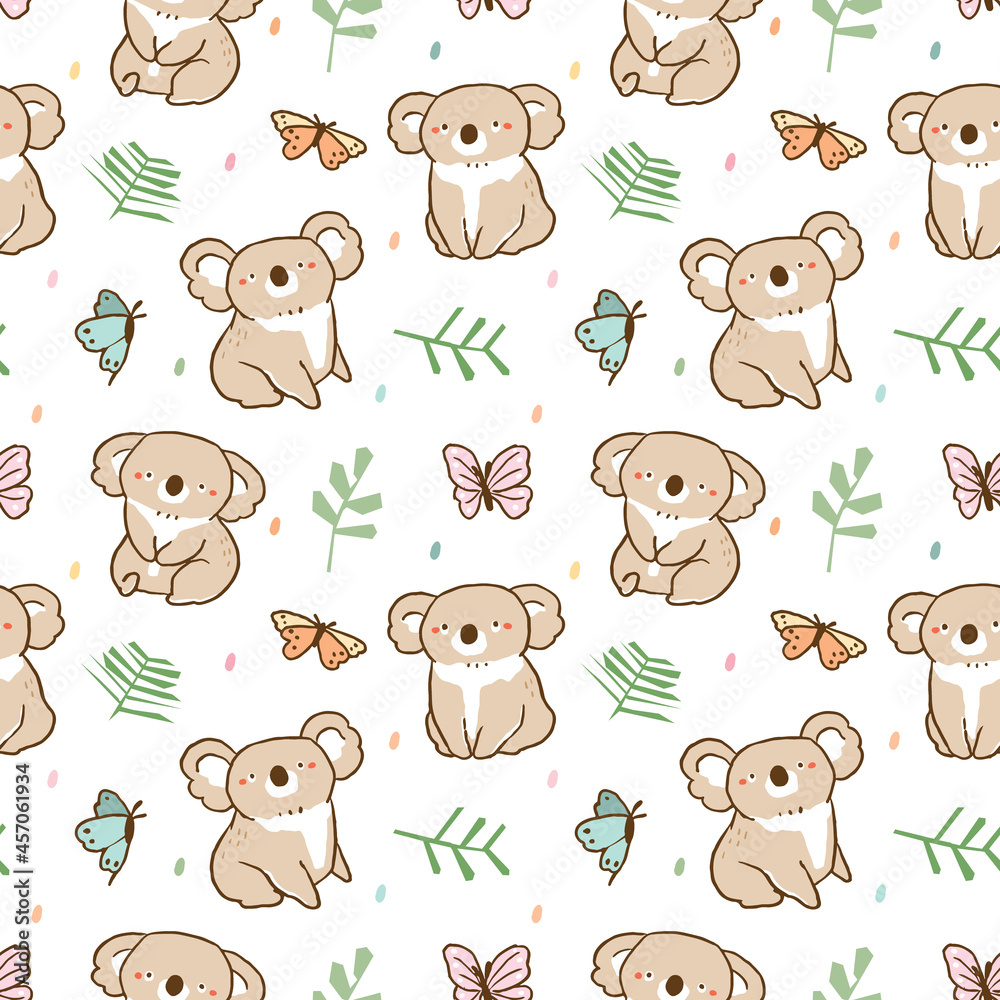Obraz premium Seamless Pattern with Cute Koala, Butterfly and Leaf Illustration Design on White Background