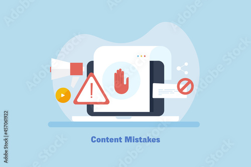 Content marketing mistakes, digital agency doing wrong, content strategy fail concept. Flat design web banner template.