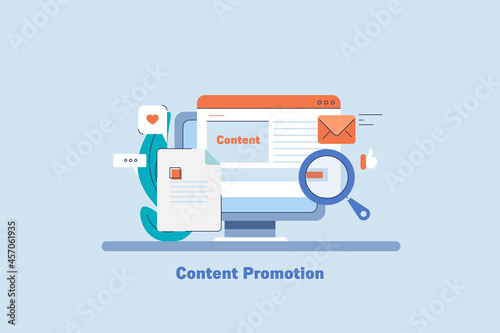 Content promotion and digital media advertising, content posting on social media engaging audience, content marketing strategy business communication concept. Web banner template.  