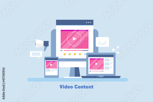 Video on demand, video content displaying on computer, laptop and mobile app. video streaming online service, digital communication technology concept. Web banner template.