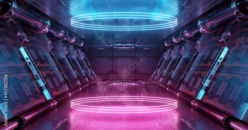 Blue and pink spaceship interior with glowing neon lights podium on the floor. Futuristic corridor in space station with circles background. 3d rendering